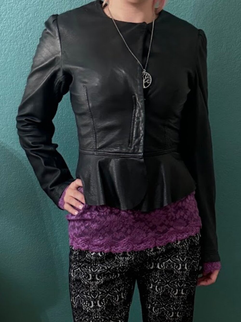 BCBGMaxAzria Peplum Hourglass Bodice Leather Jacket / Witchy Whimsigoth XXS